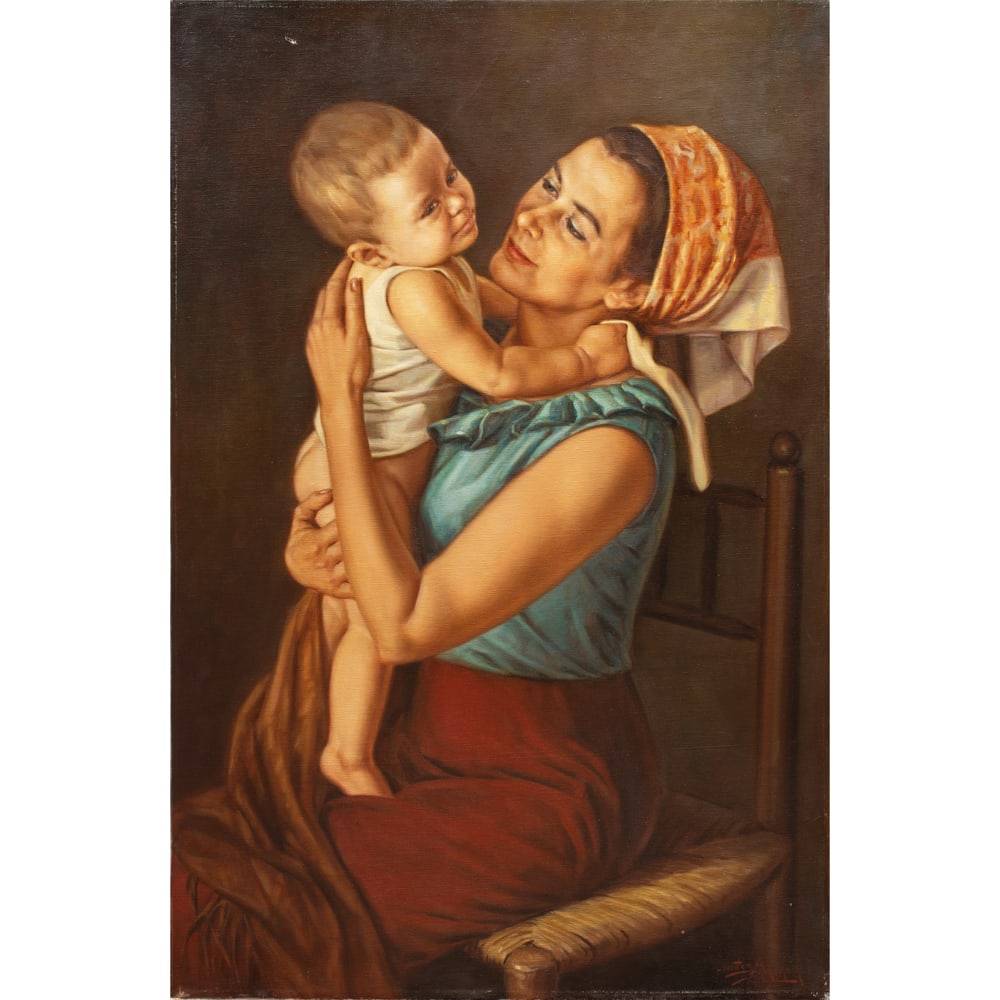 Painting, Jose Fuentes de Salamanca: Jose Fuentes de Salamanca (Spanish, b. 1934), Mother and Child, oil on canvas, signed lower right, canvas (unframed): 36"h x 24"w