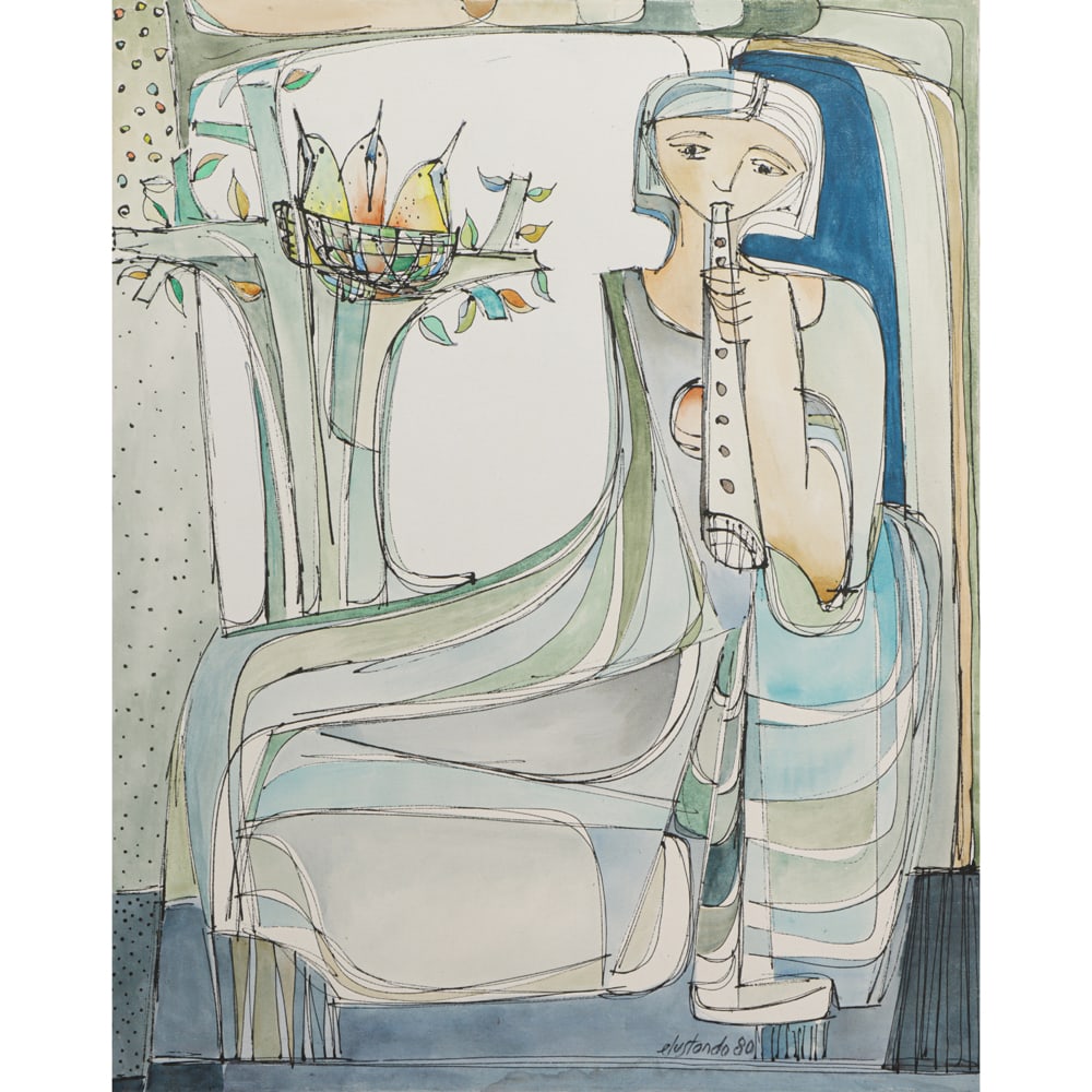 Painting, Spanish School (20th century): Spanish School (20th century), Untitled (Woman Making Music with Birds), 1980, acrylic on canvas, signed "Elustondo" and dated lower right, canvas (unframed): 48"h x 38.5"w