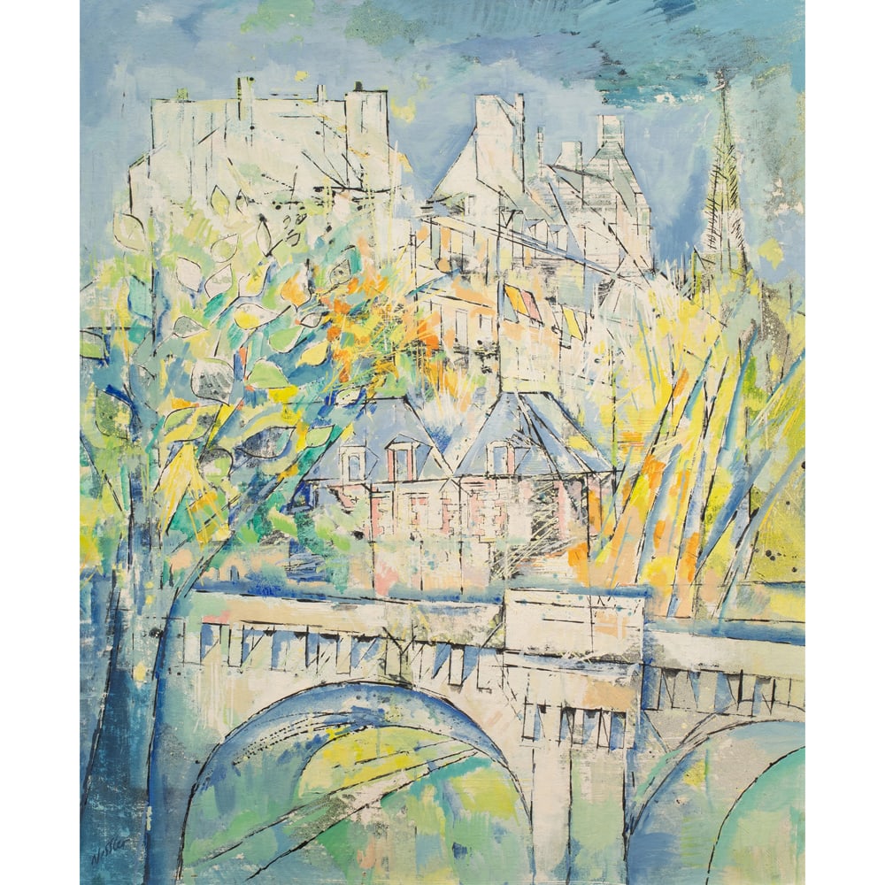 Painting, Walter Horst Nessler: Walter Horst Nessler (German, 1912-2001), "Pont Neuf, Paris," oil on board, signed lower left, bears artist's stamp and titled verso, board: 30"h x 24.75"w, overall (with frame): 35.5"h x 30.5"w