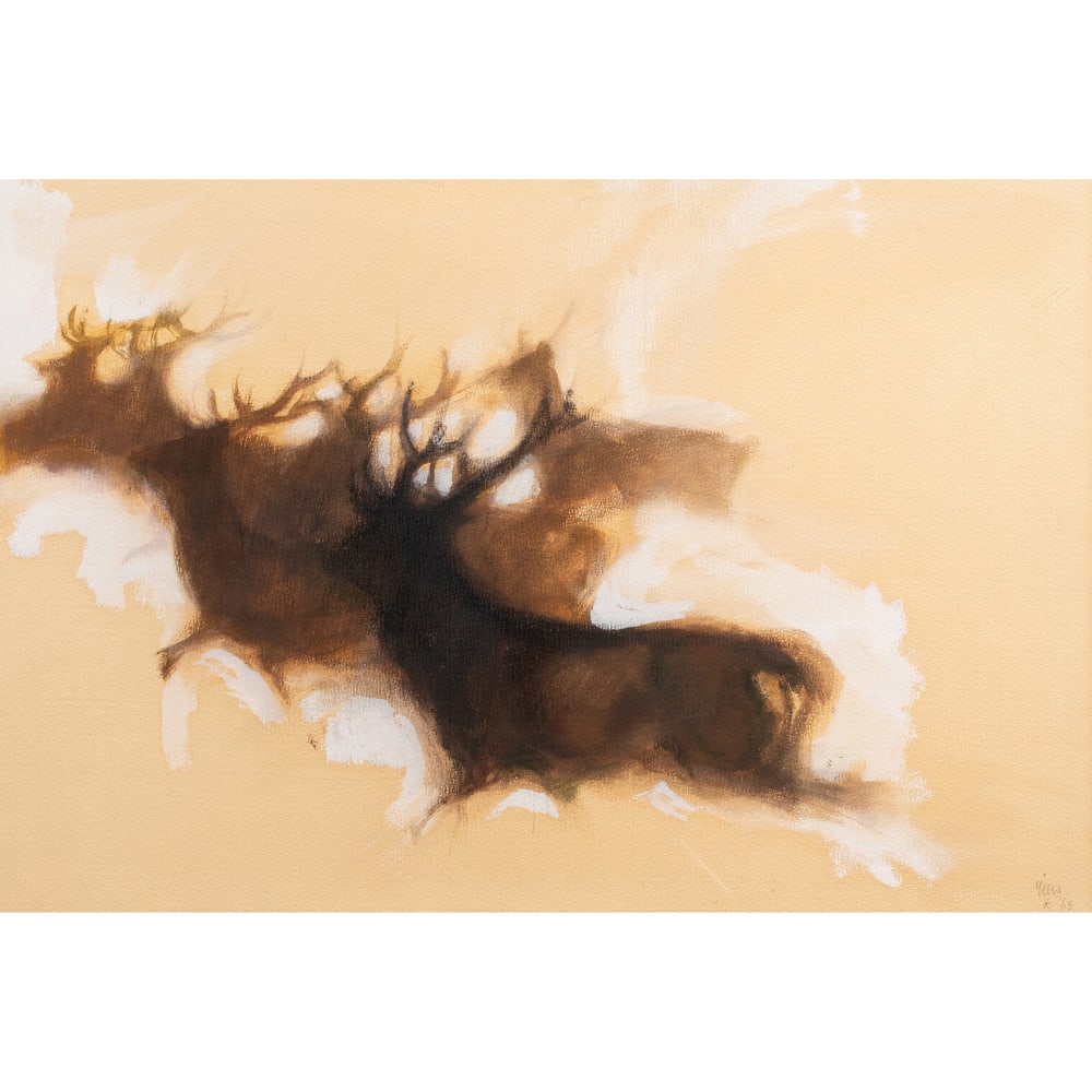 Watercolor, Rien Poortvliet: Rien Poortvliet (Dutch, 1932-1995), Untitled (Deer), 1965, watercolor, signed and dated lower right, sight: 19"h x 27.5"w, overall (with frame): 29.5"h x 41.25"w