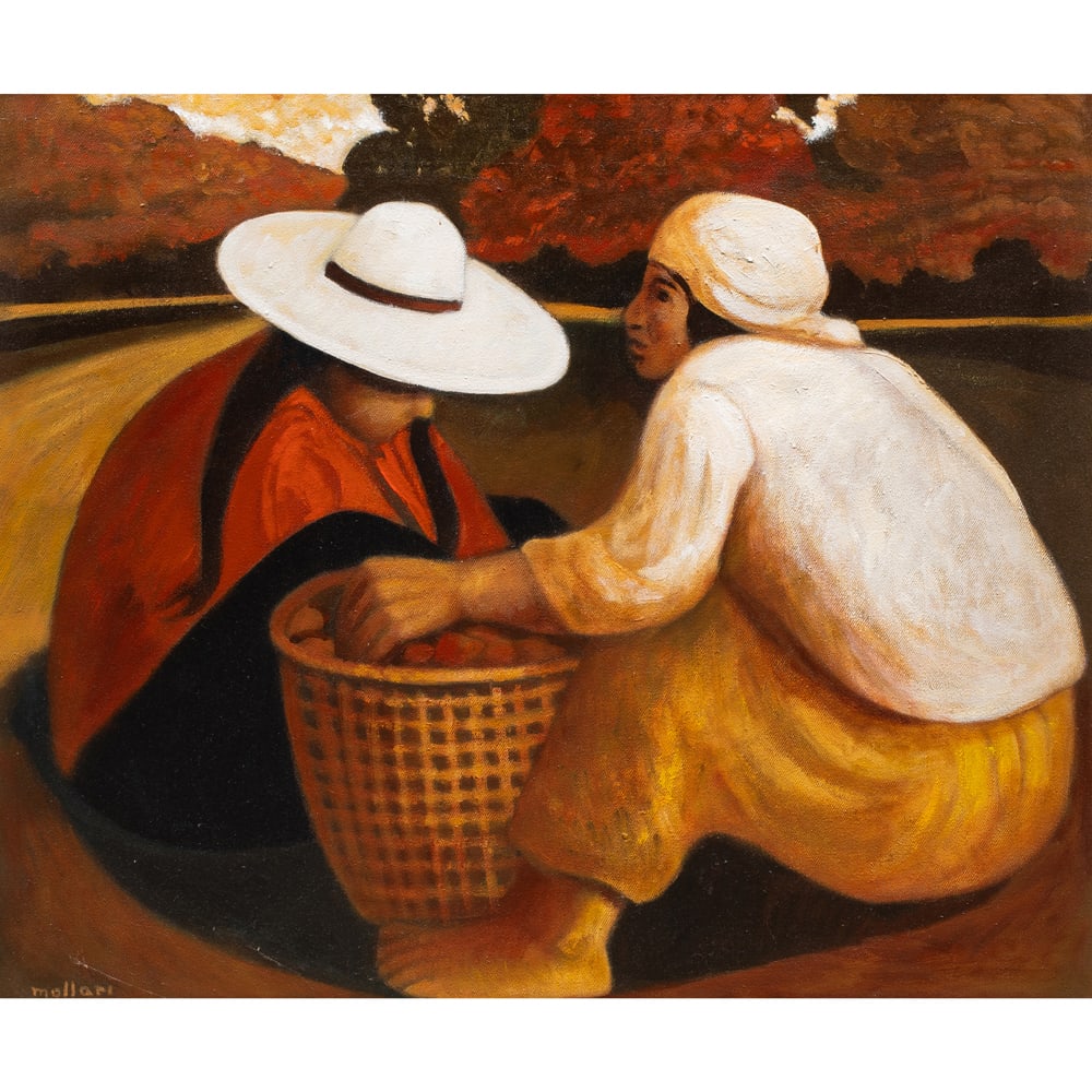 Painting, Mario Miguel Mollari: Mario Miguel Mollari (Argentine, 1930-2010), "Campesinas y Canasto," oil on canvas, signed lower left, signed and titled verso, canvas: 23.5"h x 28"w, overall (with frame): 28"h x 32"w
