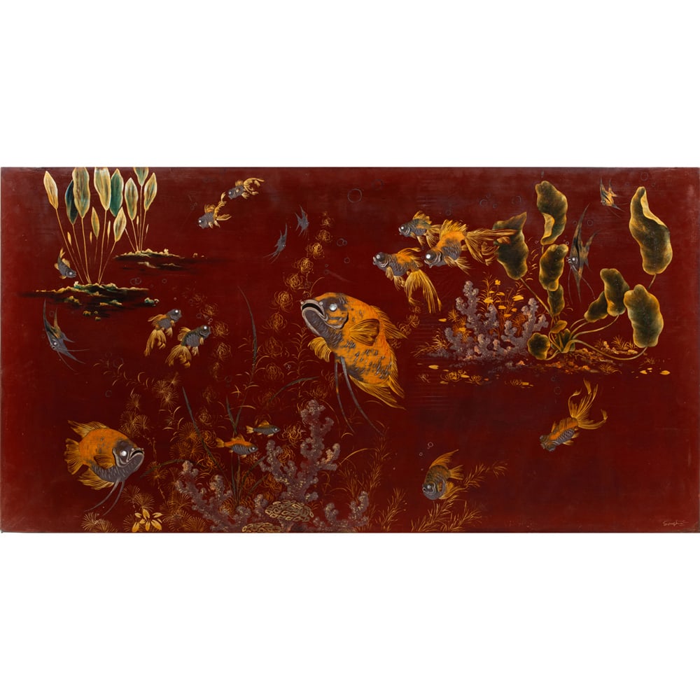 Painting, Ho Song: Ho Song (Vietnamese, 20th century), Untitled (Aquatic Scene), lacquer on panel with inlaid mother-of-pearl details, signed lower right, panel (unframed): 31"h x 59"w. Note: Accompanied by original