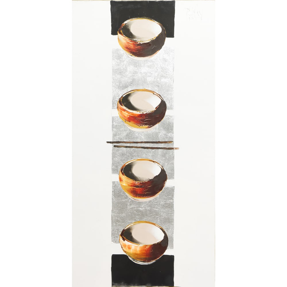 Painting, Nguyen Dieu Thuy: Nguyen Dieu Thuy (Vietnamese, b. 1962), "Two Bowls and Chopsticks on Silver II," oil on canvas, signed upper right, canvas: 39.5"h x 19.75"w, overall (with frame): 48"h x 28"w