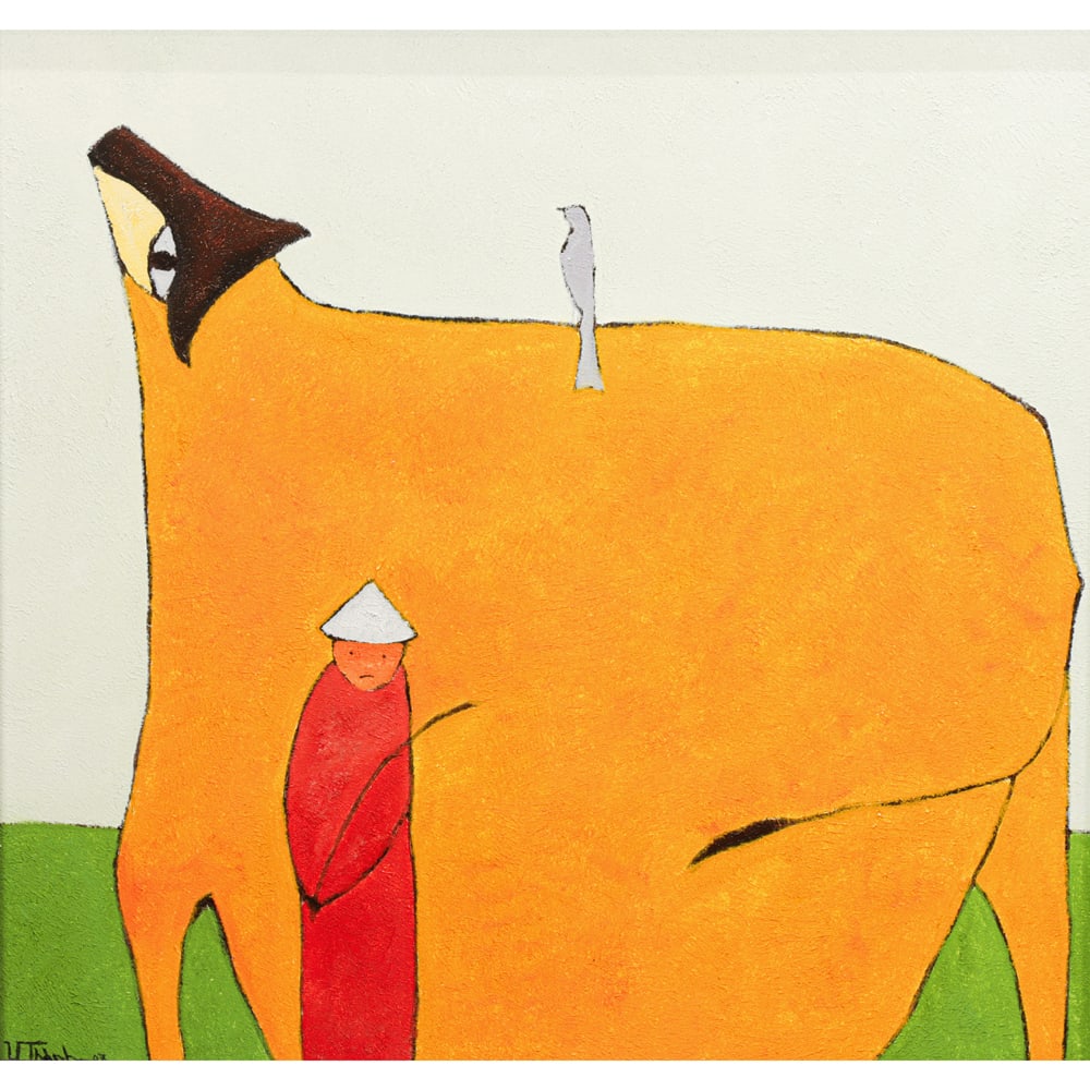 Painting, Vietnamese School (21st century): Vietnamese School (21st century), Untitled (Orange Cow with Figure and Bird), 2007, oil on canvas, signed "Thanh" and dated lower left, canvas: 30.5"h x 31.5"w, overall (with frame): 35"h x 36"w