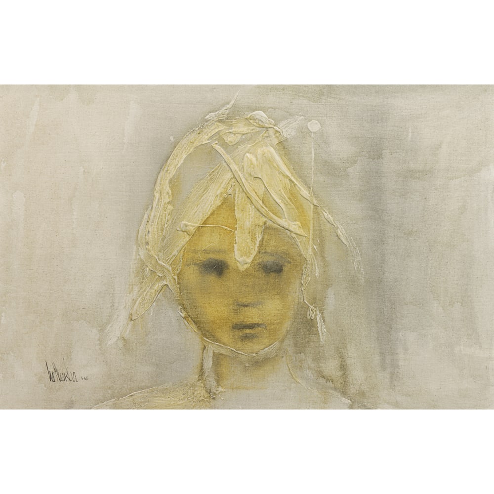 Painting, Gino Hollander: Gino Hollander (American, 1924-2015), Untitled (Portrait of a Child), 1965, acrylic on canvas, signed and dated lower left, canvas: 20"h x 30"w, overall (with frame): 25.5"h x 35.5"w