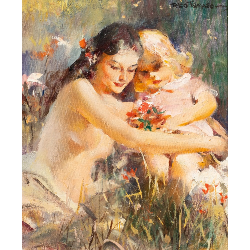 Painting, Rico Tomaso: Rico Tomaso (American, 1898-1985), Untitled (Mother and Child), oil on canvas, signed upper right, canvas: 12"h x 10"w, overall (with frame): 17.5"h x 15.5"w