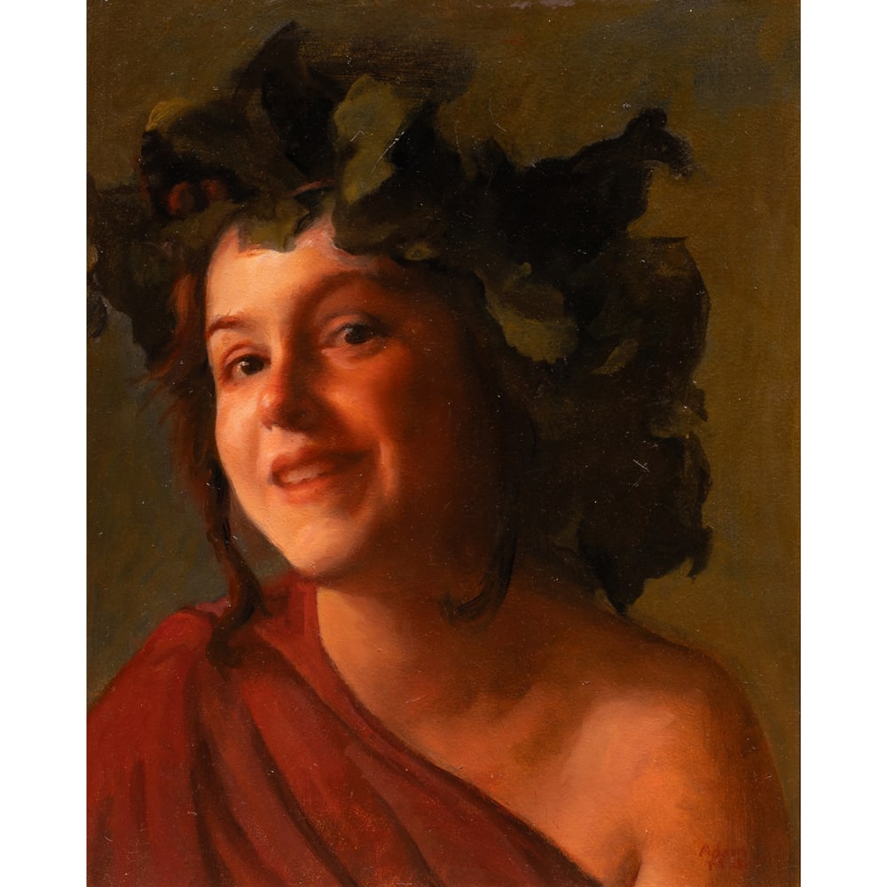 Painting, Adam Miller: Adam Miller (American, b. 1979), Untitled (Girl in Classical Style), 2006, oil on board, signed lower right, board: 19.75"h x 15"w, overall (with frame): 23"h x 19"w