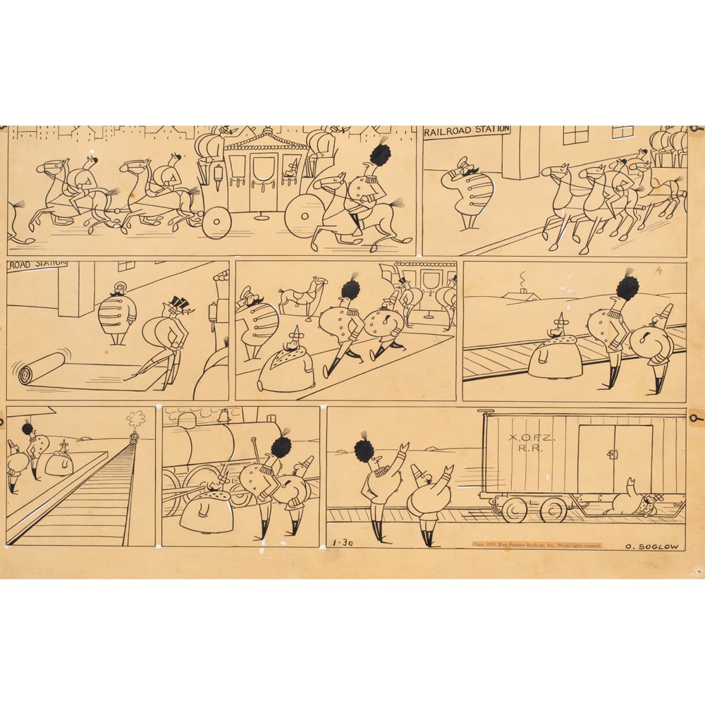 Work on paper, Otto Soglow: Otto Soglow (American, 1900-1975), "The Little King" Comic Strip, 1938, ink on paper, signed lower right, King Features Syndicate copyright clipping affixed lower right, sight: 14"h x 22"w, overall