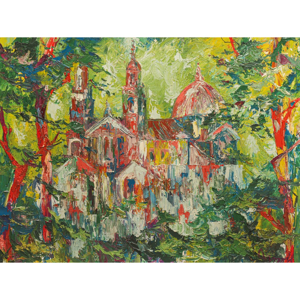 Painting, Bob Arnold: Bob Arnold (American, 20th century), View of Church, oil on canvas board, signed lower right, sight: 30"h x 39.5"w, overall (with frame): 37"h x 47"w