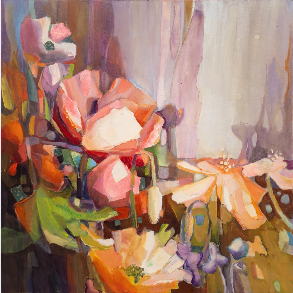 Mixed Media, Georgia Whitaker: Georgia Whitaker (American, 20th century), Untitled (Abstract Flowers), mixed media on canvas, signed lower right, canvas: 48"h x 48"w, overall (with frame): 49.25"h x 49.25"w