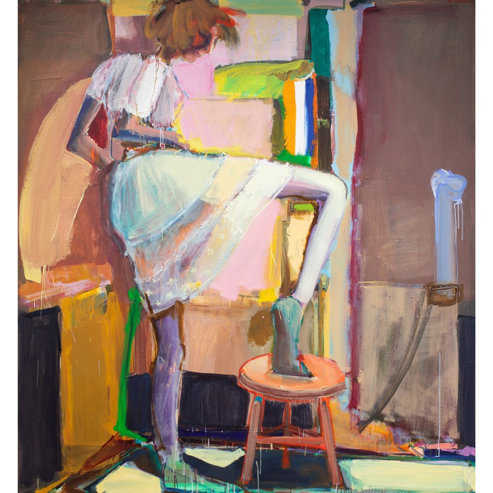 Painting, Richard Hickam: Richard Hickam (American, b. 1944), "The Shoe Fits," oil on canvas, signed upper right and signed and titled verso, canvas: 70.5"h x 66"w, overall (with frame): 72"h x 67"w