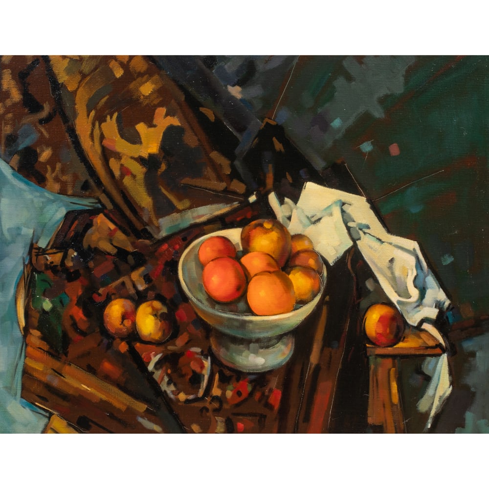 Painting, Alan McCorkle: Alan McCorkle (American, 1940-1995), "Cezanne Variation - The White Drape," oil on canvas, signed and titled verso, canvas: 22"h x 28"w, overall (with frame): 29"h x 35"w