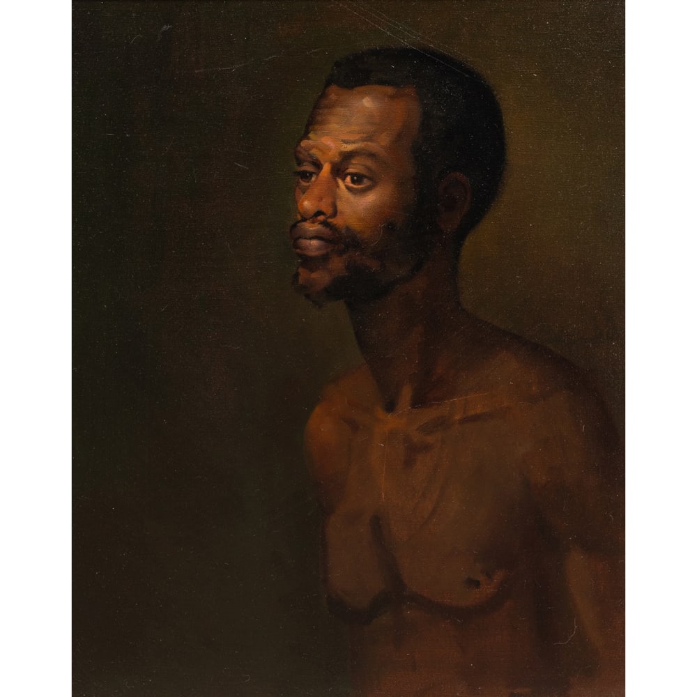 Painting, Alan McCorkle: Alan McCorkle (American, 1940-1995), "Robert," oil on canvas, signed and titled verso, canvas: 24"h x 30"w, overall (with frame): 37.75"h x 31.75"w. Note: Robert was a studio model frequently