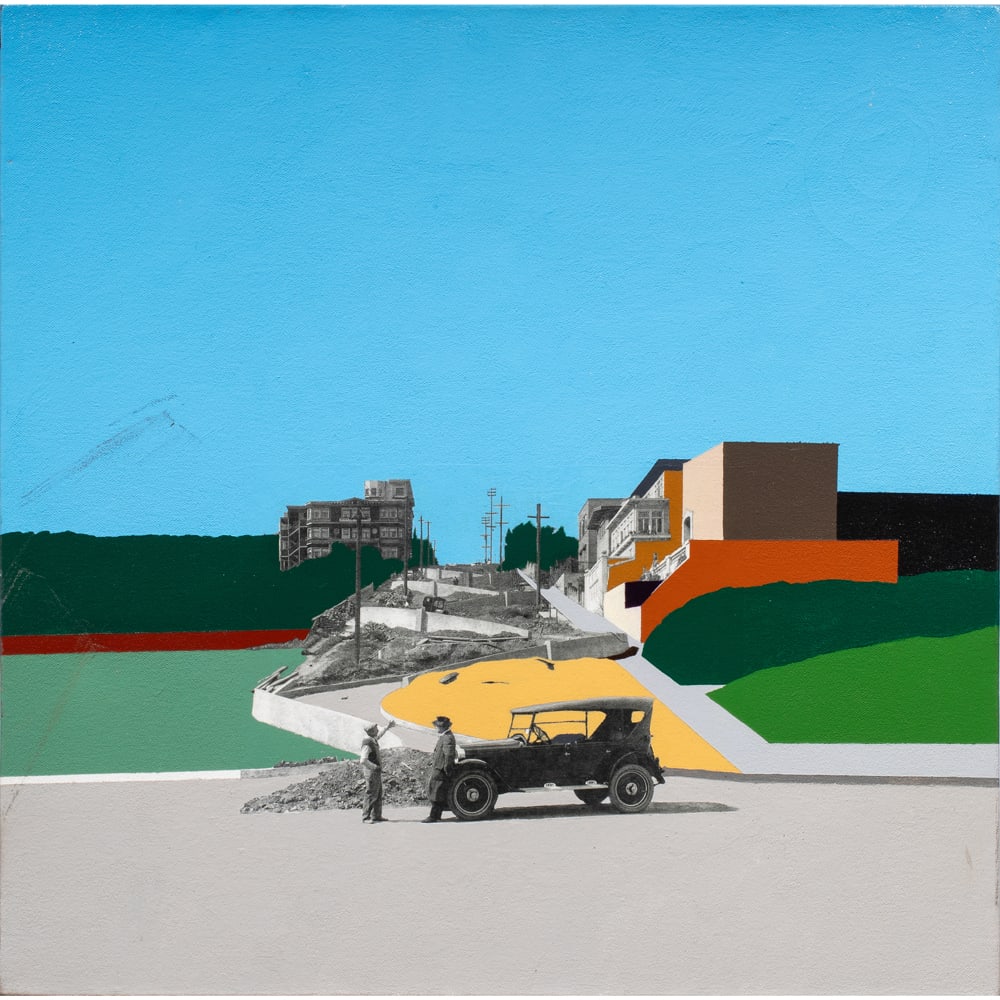 Painting, Bernard Bolter: Bernard Bolter (American, 20th/21st century), "Lombard Street, 1922," 2017, acrylic and historical photograph collage on canvas, signed, titled, and dated verso, canvas (unframed): 20"h x 20"w