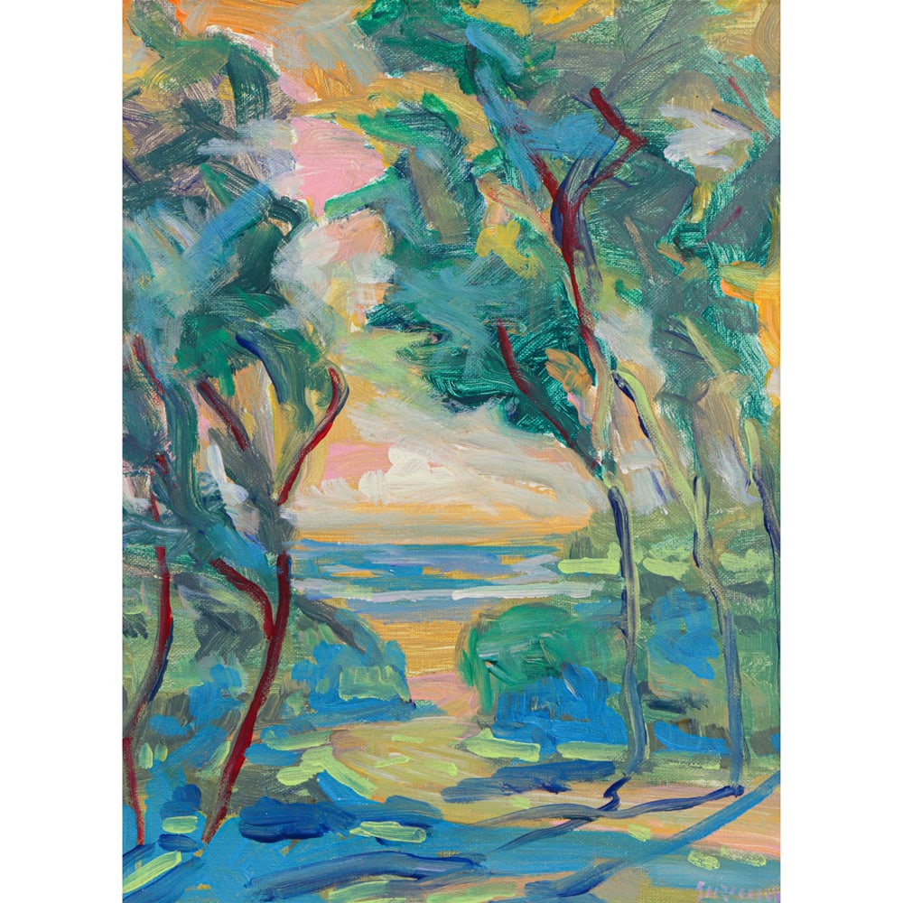 Painting, Juan Guzman-Maldonado: Juan Guzman-Maldonado (Chilean/American, 1948-2022), "Santa Barbara," oil on canvas board, signed lower right and signed and titled verso, canvas board: 16"h x 12"w, overall (with frame): 17"h x 13"w