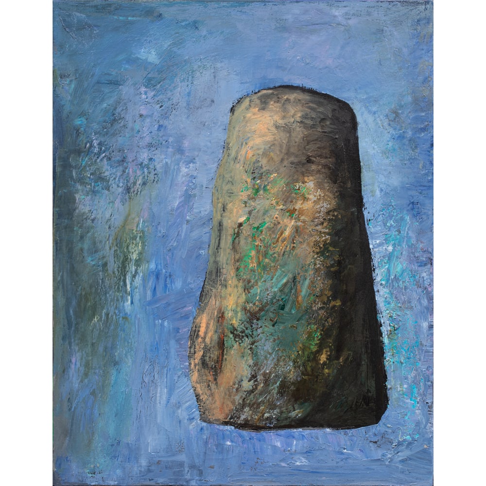 Painting, Michael Dvortcsak: Michael Dvortcsak (American, b. 1938), "Stone on Blue," 1988, oil on canvas, signed, titled and dated verso, gallery label (Pamela Auchincloss Gallery, New York, NY) affixed verso, canvas: 31.25"h x