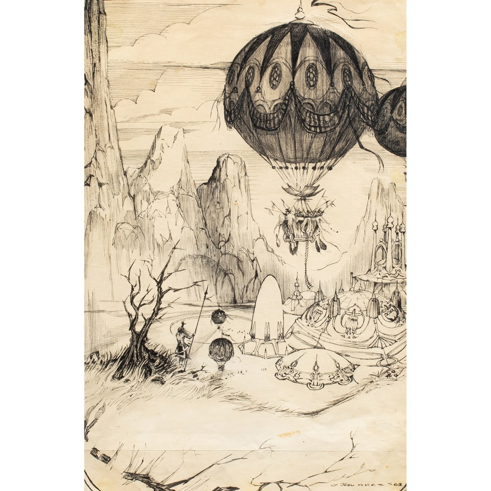 Work on paper, Joel Beck: Joel Beck (American, 1943-1999), Untitled (Fantastical Scene), 1963, ink on paper, signed and dated lower right, sight: 16"h x 10.75"w, overall (with frame): 23"h x 17.5"w