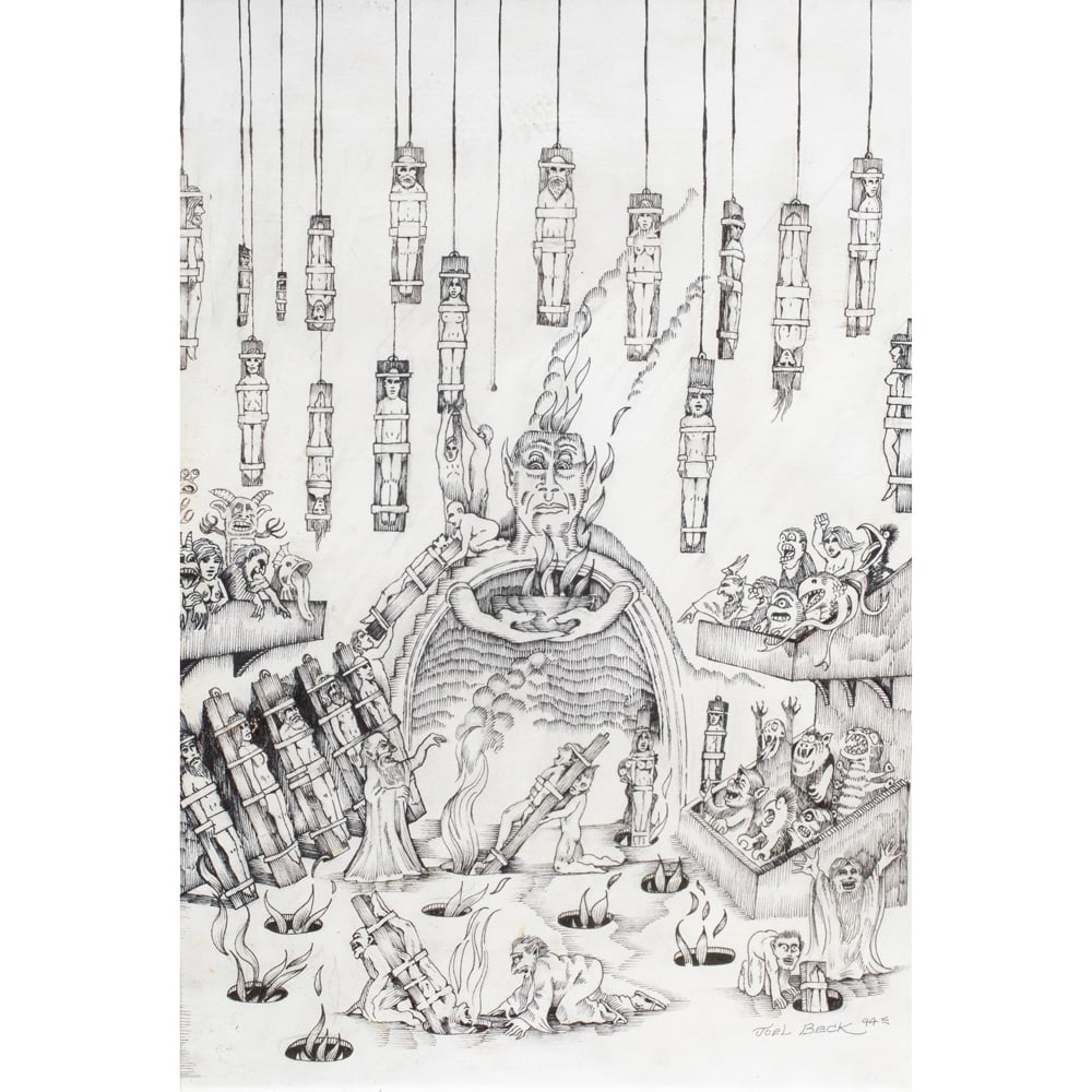 Work on paper, Joel Beck: Joel Beck (American, 1943-1999), Untitled (Inferno), 1994, ink on paper, signed and dated lower right, sight: 19.5"h x 13.5"w, overall (with frame): 20.25"h x 14.25"w