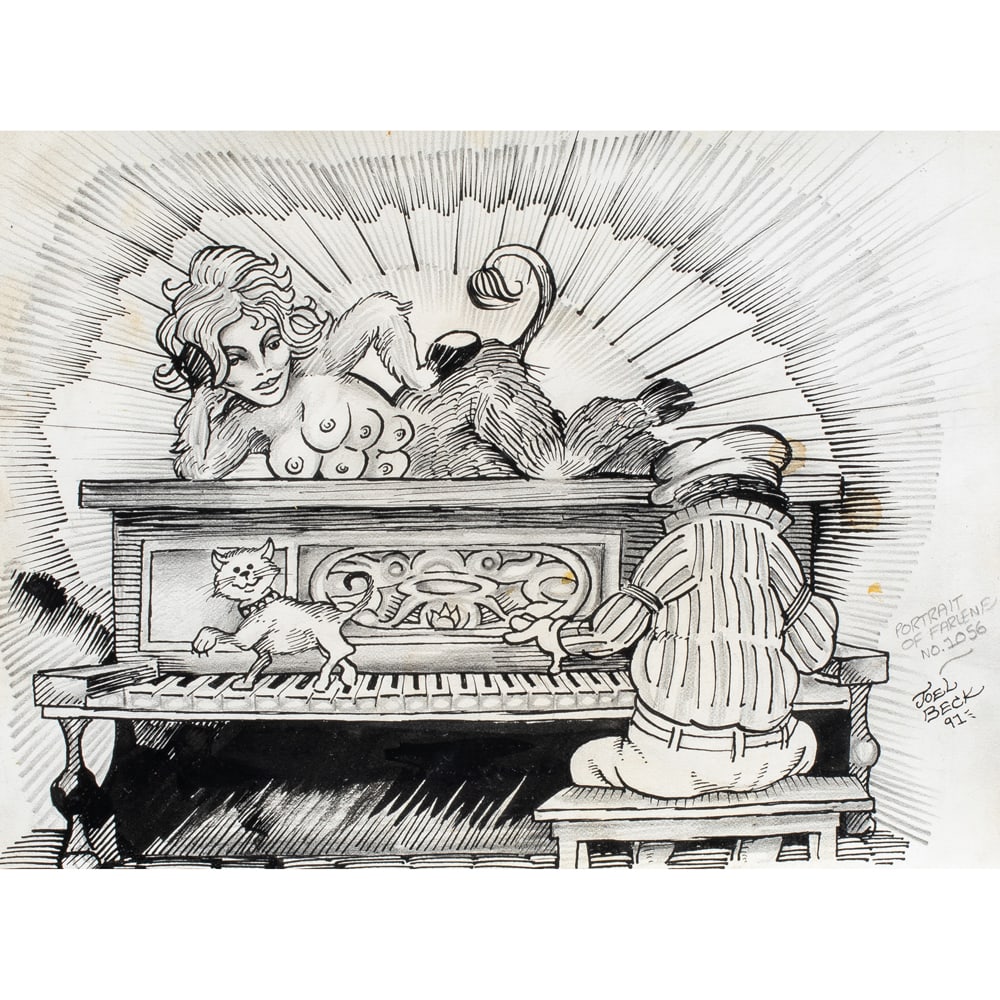 Work on paper, Joel Beck: Joel Beck (American, 1943-1999), "Portrait of Farlene No. 1056," 1991, ink on paper, signed, titled, and dated lower right, sheet: 6.75"h x 9.25"w, overall (with frame): 13"h x 16"w