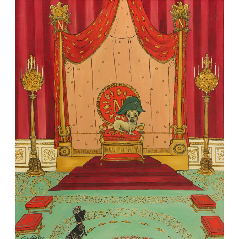 Painting, Gant Gaither: Gant Gaither (American, 1917-2004), "Monsieur Heureux, The Favorite Dog of Emperor Napoleon, Fontainbleu, 1805," oil on canvas, signed lower left, canvas: 30"h x 25"w, overall (with frame): 40"h x