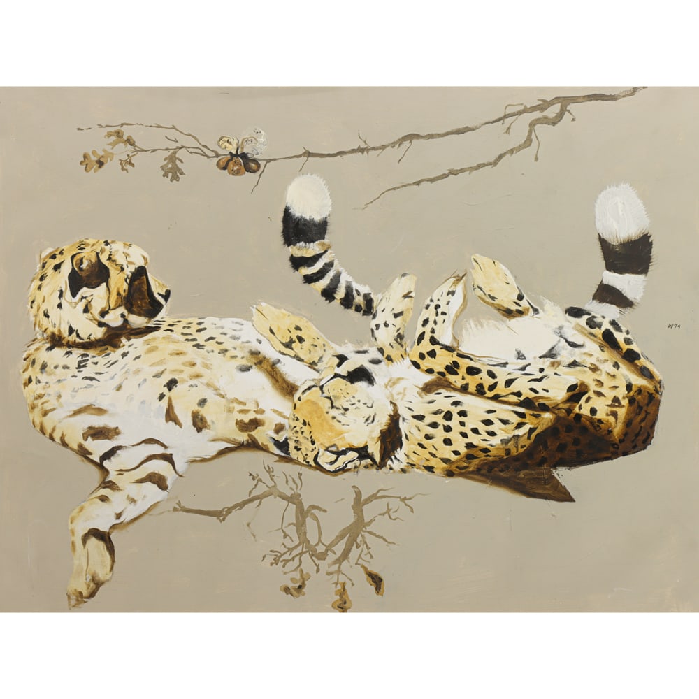Painting, Bryan Wilson: Bryan Wilson (American, 1927-2002), "2 Cheetahs in the Sun," 1974, oil on canvas, signed, titled, and dated verso, canvas: 36"h x 48"w, overall (with frame): 38.75"h x 50.75"w