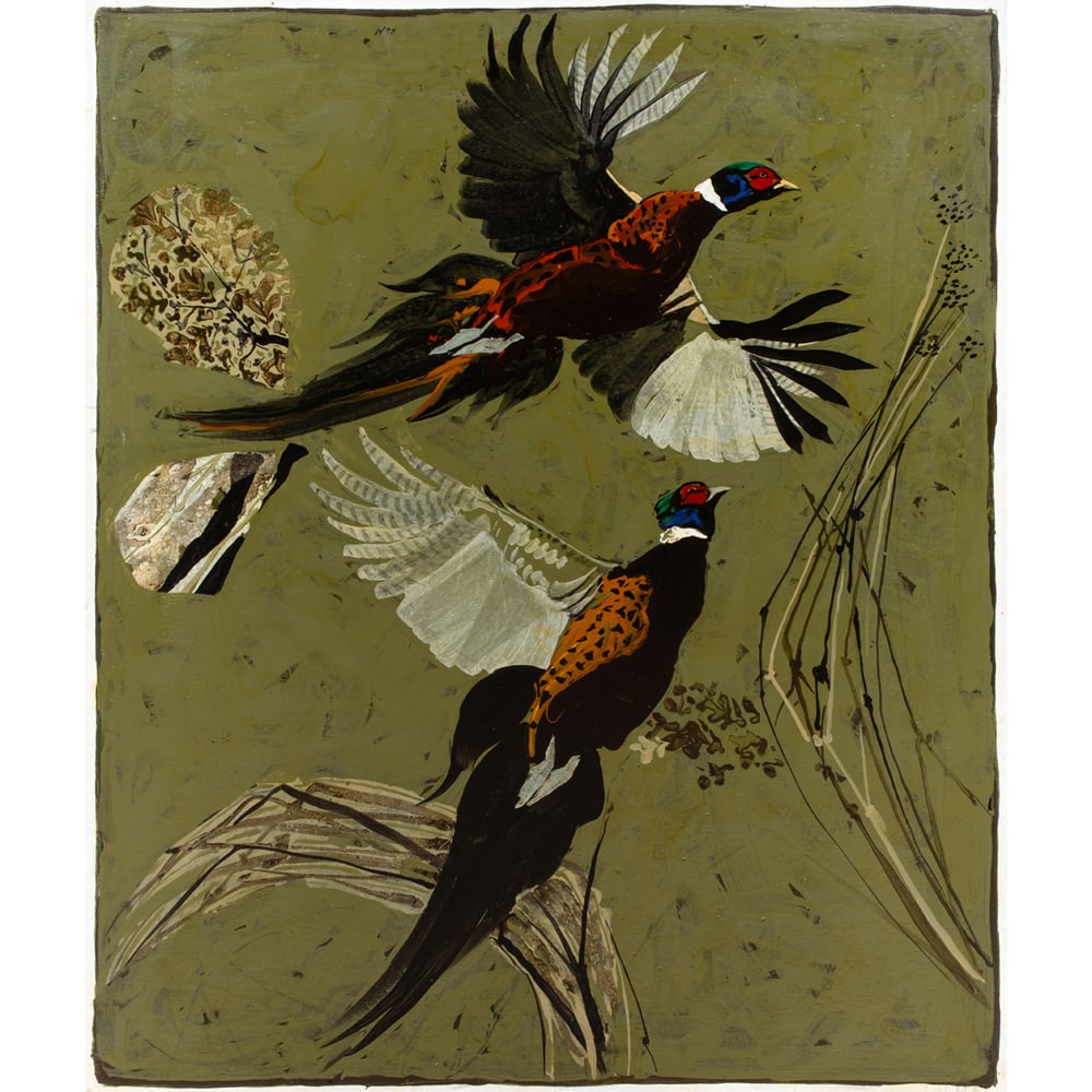 Painting, Bryan Wilson: Bryan Wilson (American, 1927-2002), "Pheasants #3," 1978, oil on canvas, signed, titled, and dated verso, gallery label (Gump's, San Francisco, CA) affixed verso, canvas: 60"h x 48"w, overall (with
