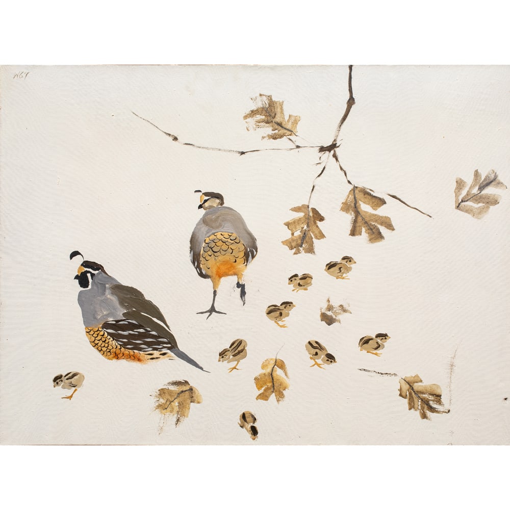 Painting, Bryan Wilson: Bryan Wilson (American, 1927-2002), "Valley Quail and Young #1," 1967, oil on canvas, initialed and dated upper left, signed, titled, and dated verso, gallery label (Gump's, San Francisco, CA)