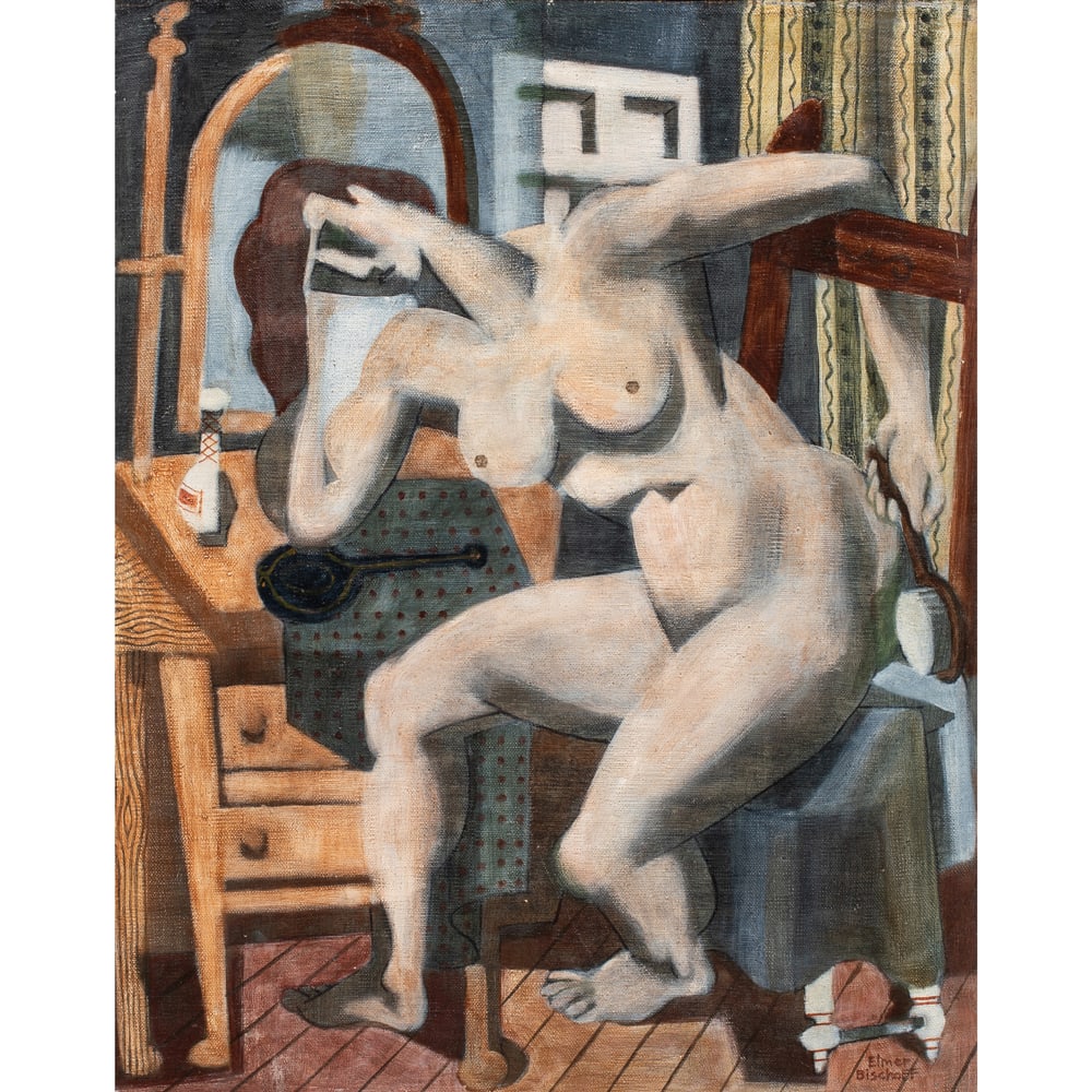 Painting, Attributed to Elmer Bischoff: Attributed to Elmer Bischoff (American, 1916-1991), Seated Nude, oil on board, bears signature lower right, board: 20"h x 16"w, overall (with frame): 23.25"h x 19.25"w