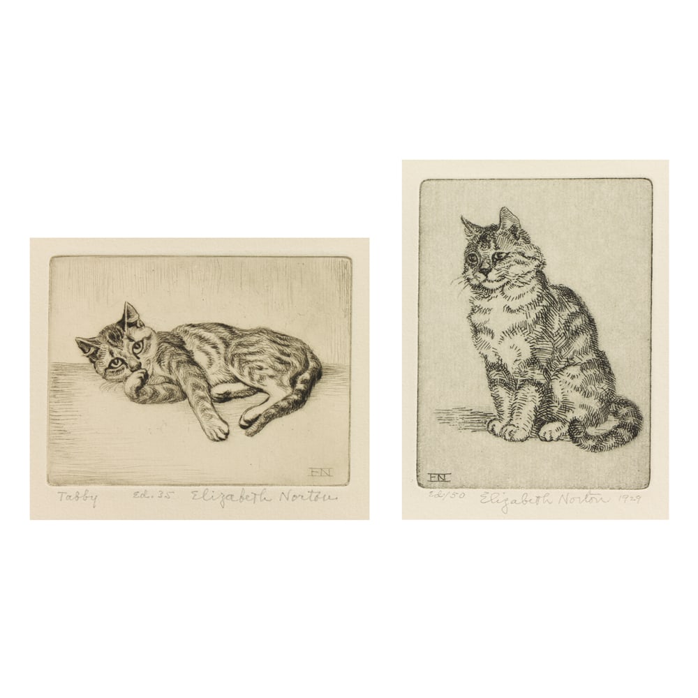 Prints, Elizabeth Norton: (lot of 2) Elizabeth Norton (American, 1887-1985), "Tabby" and Untitled, c. 1929, etchings, each pencil signed lower right, edition of 35 and 50, image (for one): 4"h x 3"w, sheet (unframed, for large