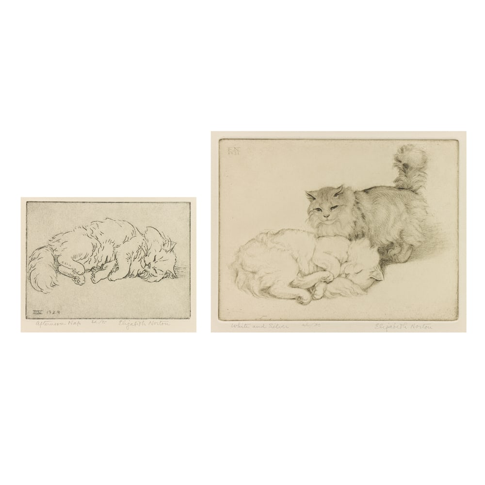 Prints, Elizabeth Norton: (lot of 2) Elizabeth Norton (American, 1887-1985), "White and Silver" and "Afternoon Nap," etchings, each pencil signed lower right, each titled, edition of 75 and 30, image (for larger): 6"h x 7.75"w