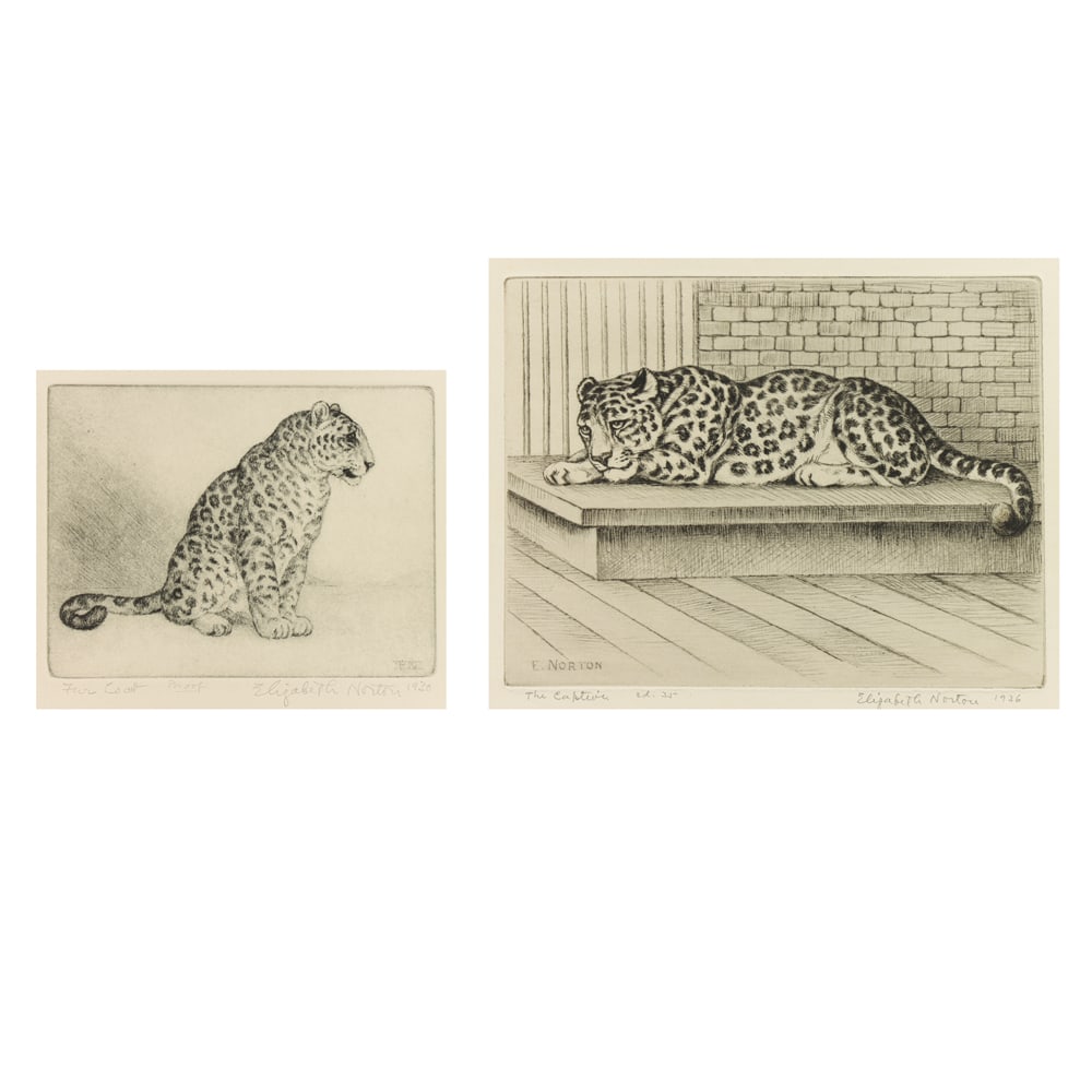 Prints, Elizabeth Norton: (lot of 2) Elizabeth Norton (American, 1887-1985), "Fur Coat" and "The Captive," 1930, 1936, etchings, each pencil signed lower right, each titled, edition of 35 and proof, image (for larger): 6"h x 8