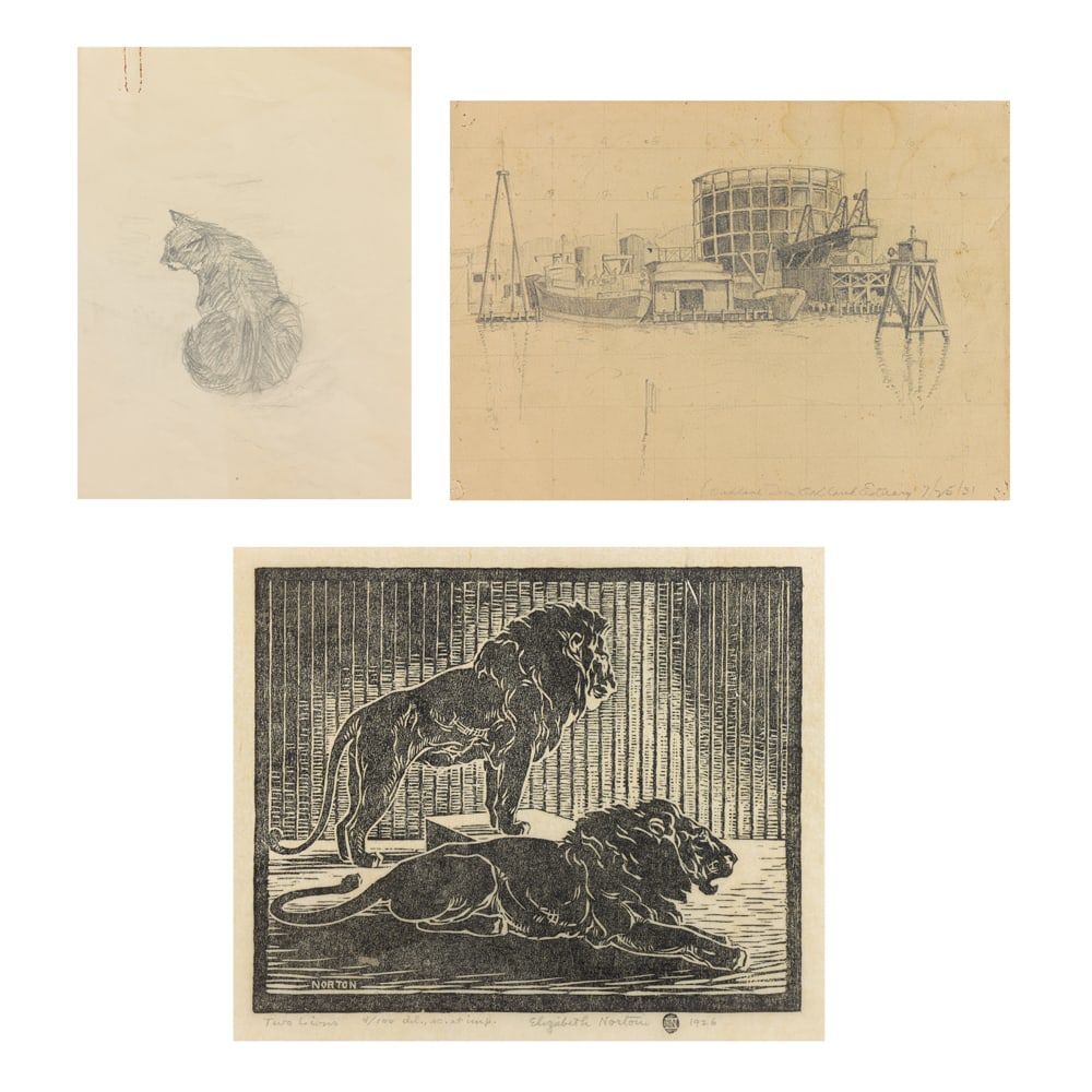 Print and Sketches, Elizabeth Norton: (lot of 3) Elizabeth Norton (American, 1887-1985), "Two Lions," Sketch of Cat, and Sketch of Oakland Estuary, 1926, 1931, woodblock print and pencil on paper, print pencil signed and dated lower