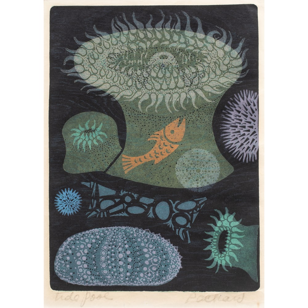 Print, Emmy Lou Packard: Emmy Lou Packard (American, 1914-1998), "Tide Pool" woodcut, pencil signed lower right, titled lower left, image: 14"h x 10"w, overall (with frame): 19"h x 14"w