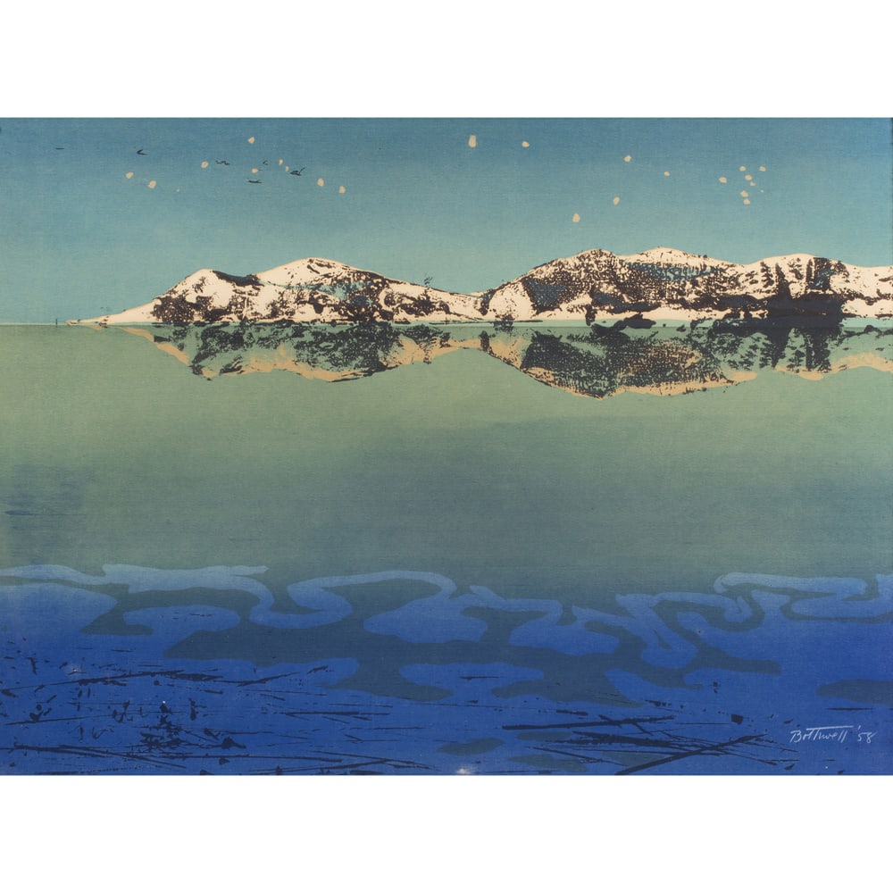 Print, Dorr Bothwell: Dorr Bothwell (American, 1902-2000), "Winter Snowrise," 1958, screenprint, signed and dated lower right, sight: 15.5"h x 21"w, overall (with frame): 21"h x 26"w