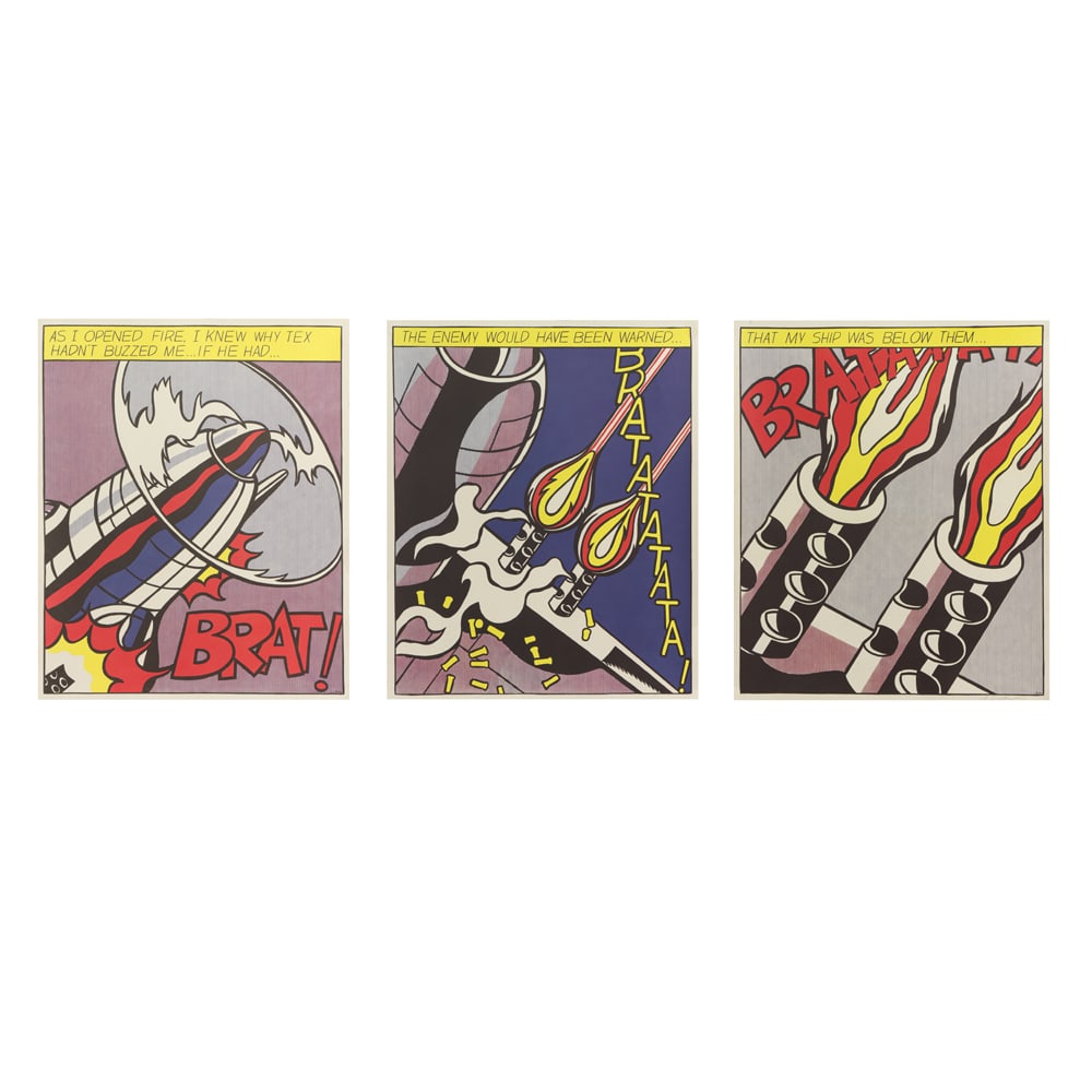 Print Triptych, Roy Lichtenstein: (lot of 3) Roy Lichtenstein (American, 1923-1997), "As I Opened Fire," 1966, offset color lithographs (triptych), one pencil signed lower right, each with Stedlijk Museum stamp verso, sheets