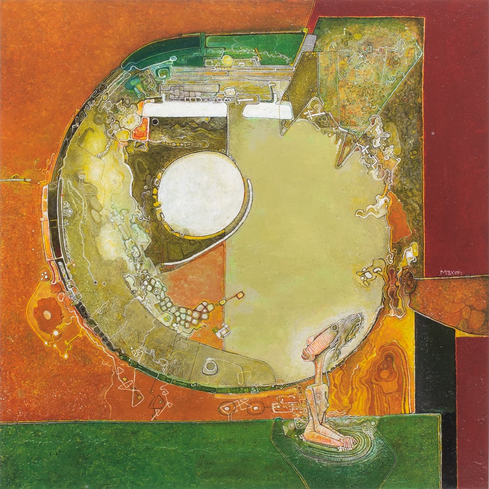 Print, Maxon Crum: Maxon Crum (American, b.1945) "Reading the Cosmic Wheel," screenprint, pencil signed lower right, edition 3/60, blind stamp (Word Play Publications, San Francisco, CA) lower right, image: 20"h x