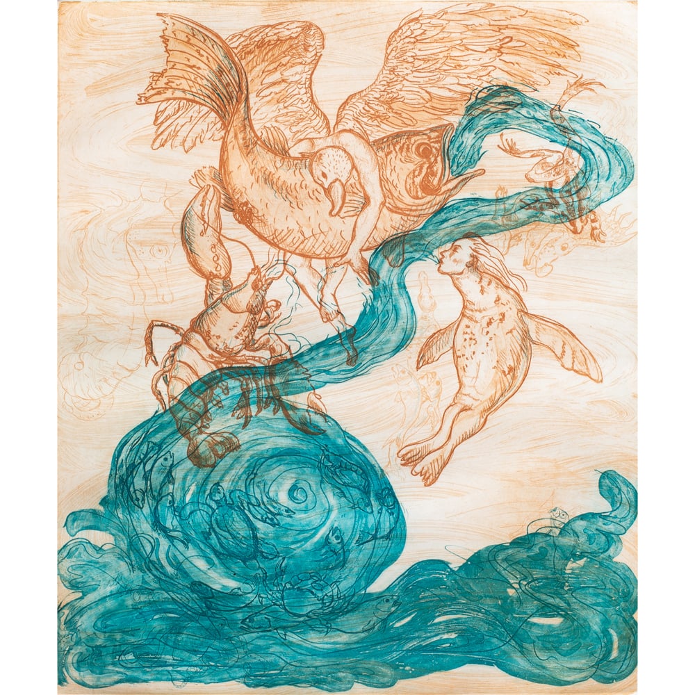 Print, Melissa Miller: Melissa Miller (American, b. 1951), "Water Spirits," 1992, intaglio, pencil signed and dated lower right, titled lower center, edition 6/90, image: 21.5"h x 16.5"w, sheet: 30"h x 22"w, overall (with