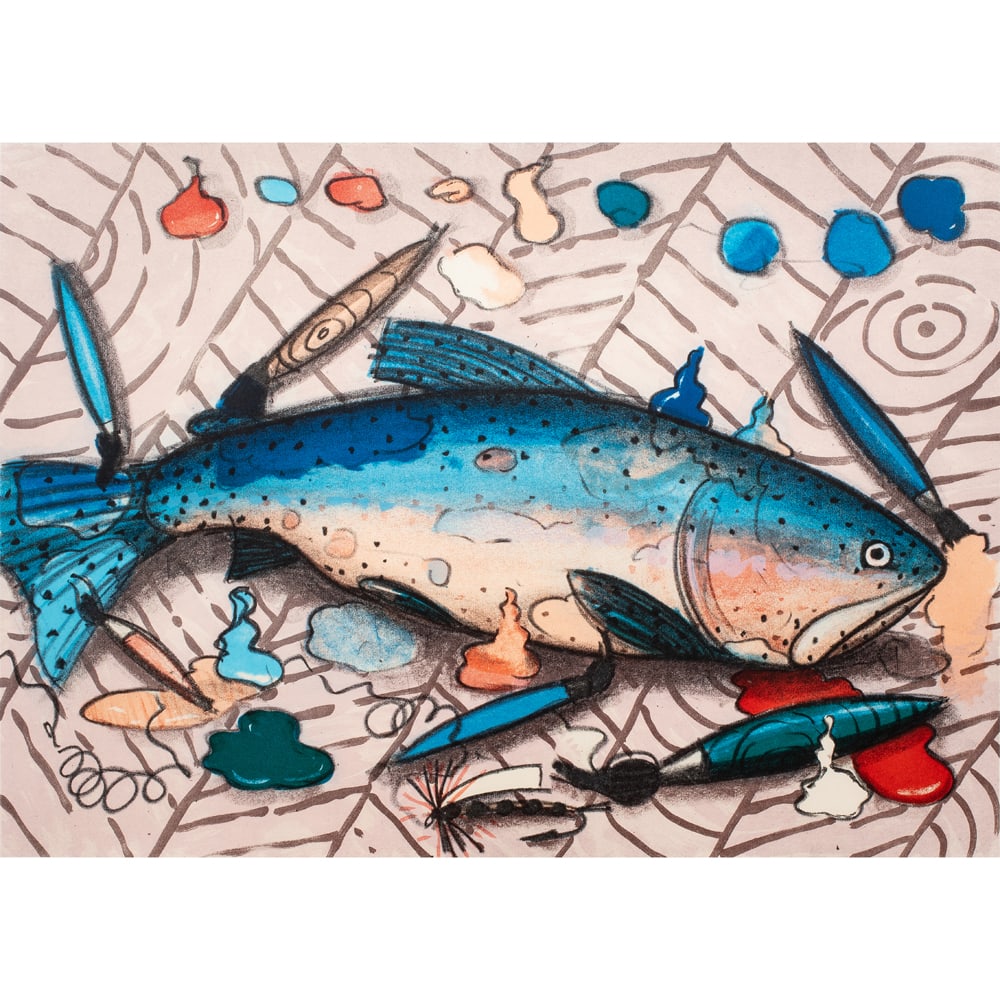 Print, Richard Craig Thompson: Richard Craig Thompson (American, b. 1945), "Palette Trout," 1991, color lithograph, pencil signed and dated lower right, titled lower left, edition 9/48, image: 25"h x 34.5"w, sheet: 30"h x 38.5"w,