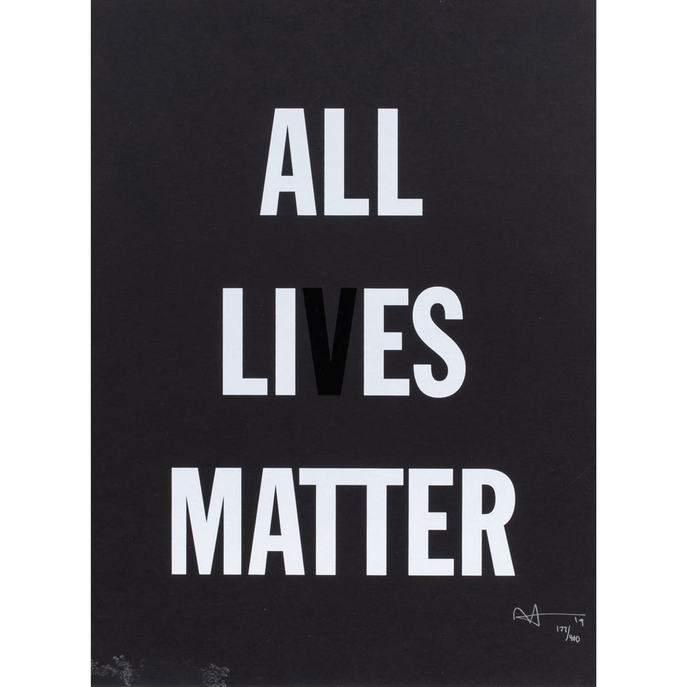 Print, Hank Willis Thomas: Hank Willis Thomas (American, b. 1976), "All Lies Matter," 2019, screenprint, pen signed and dated lower right, edition 177/400, sight: 23.5"h x 17.5"w, overall (with frame): 24"h x 18"w