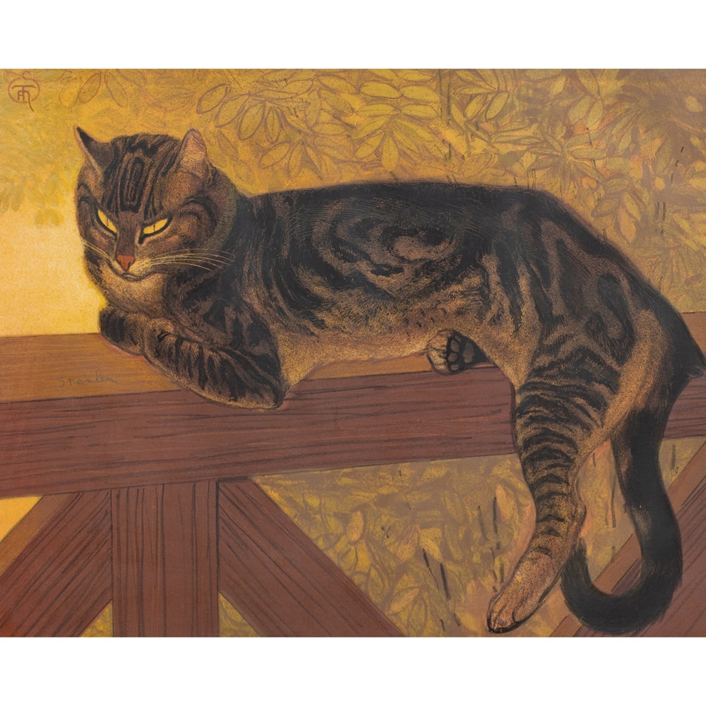 Print, Theophile Steinlen: Theophile Steinlen (French, 1859-1923), "L'Ete Chat sur Une Balustrade," lithograph, pencil signed center left, image: 18.5"h x 23"w, overall (with frame): 27"h x 31"w