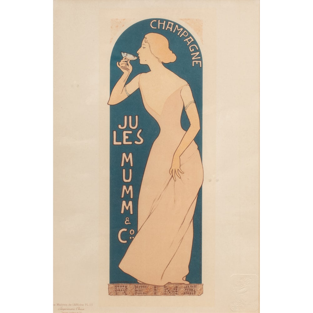 Print, Maurice Realier-Dumas: Maurice Realier-Dumas (French, 1860-1928), Jules Mumm Champagne Poster, lithograph, Les Maitres d'Affiches Chaix Impremiere notation lower left, sight: 15"h x 10"w, overall (with frame): 21"h x 15.5"w