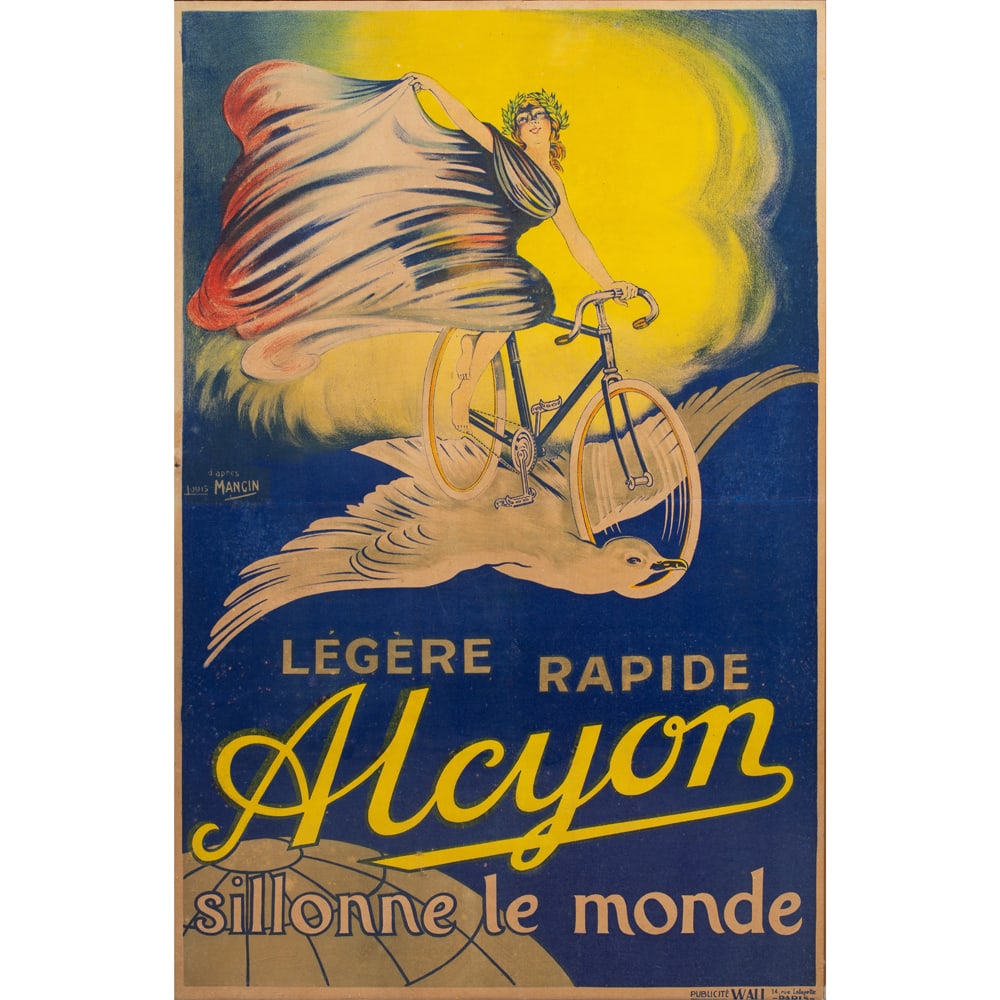 Print, Louis Mangin: Louis Mangin (French, 19th/20th century), "Alcyon Sillonne le Monde," lithograph, sight: 45.5"h x 29.75"w, overall (with frame): 49"h x 33"w