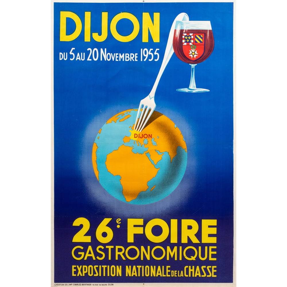 Print, Bernard Villemot: Bernard Villemot (French, 1911-1989), 26th Dijon International Gastronomic Fair Poster, 1955, lithograph, sight: 46"h x 30.75"w, overall (with frame): 50.25"h x 34.5"w