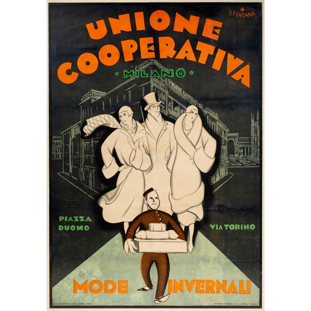 Print, Daniele Fontana: Daniele Fontana (Italian, 1900-1984), "Unione Cooperativa Milano," lithograph, stamped lower left, sight: 56.5"h x 40"w, overall (with frame): 61"h x 44.5"w