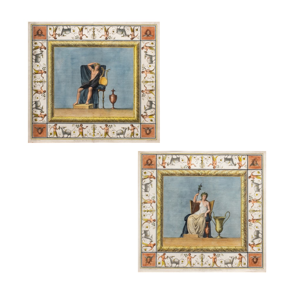 Prints, Marco Carloni: (lot of 2) Marco Carloni (Italian, 1742-1796), Seated Male Figure with Lyre and Seated Female Figure, after designs by Franciszek Smuglewich, hand-colored copper engravings on laid paper, comprising