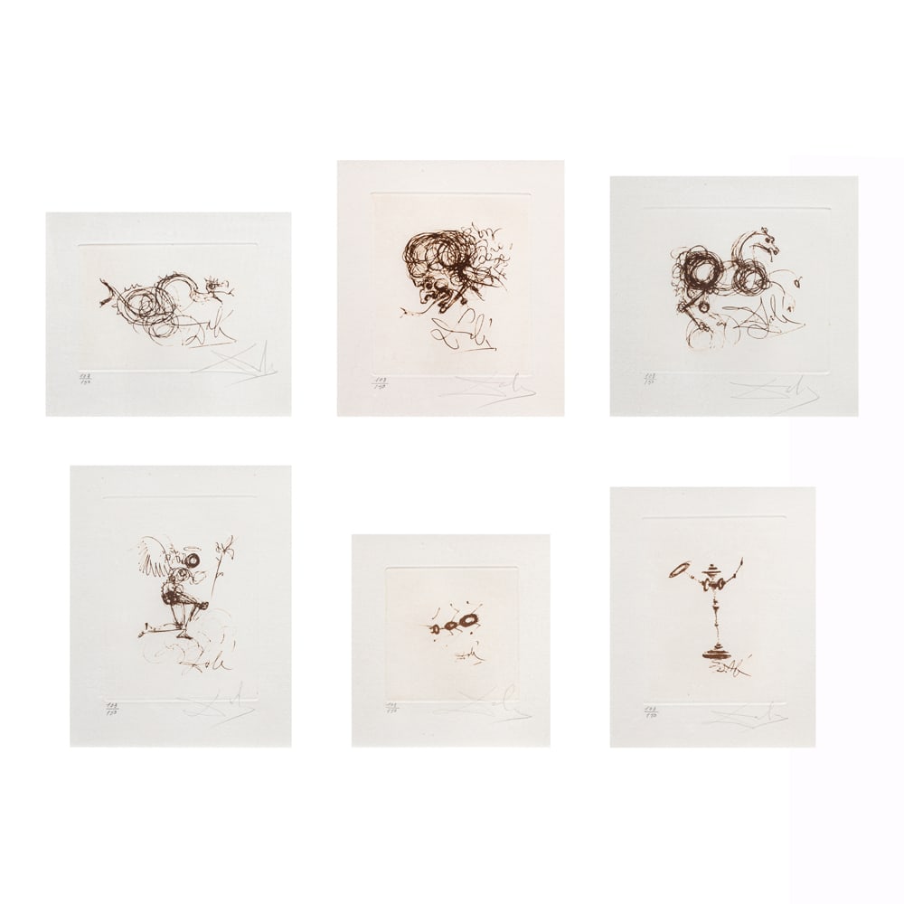 Print Portfolio, Salvador Dali: (lot of 7) Salvador Dali (Spanish, 1904-1989), "Symbols" Portfolio, 1970, six etchings on Rives paper and cover with title page, each pencil signed lower right, edition 103/150, image (for each):
