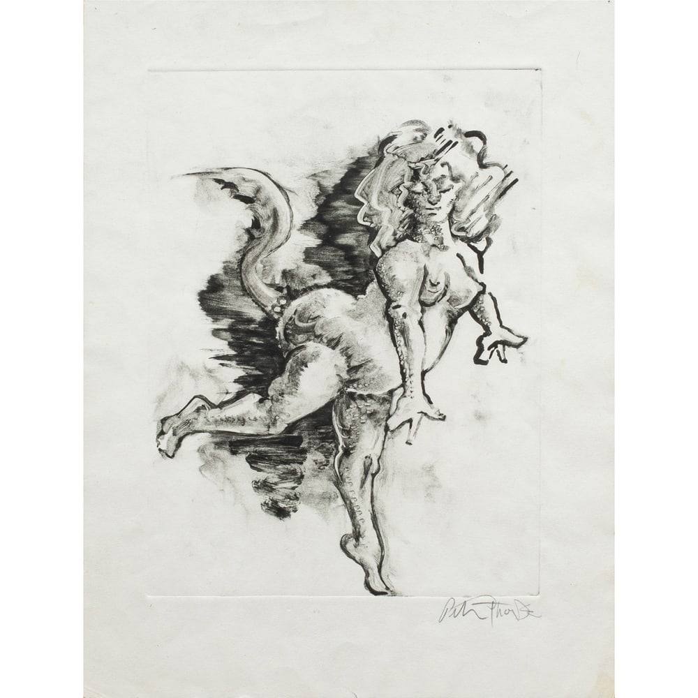 Print, Marcel Chirnoaga: Marcel Chirnoaga (Romanian, 1930-2008), Tailed Woman, etching, pencil signed lower right, image: 12"h x 8.5"w, sheet: 16"h x 12"w, overall (with frame): 23.5"h x 23.5"w