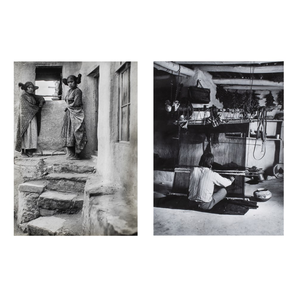 Photographs, Adam Clark Vroman: (lot of 2) Adam Clark Vroman (American, 1856-1916), "Hopi Maidens" and "Hopi Weaver - Oraibi," gelatin silver prints, later printings (circa 1961 by William Webb), sight (for each): 8"h x 6"w,