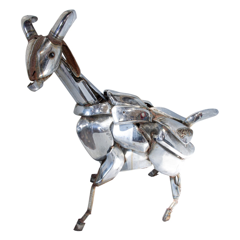 Sculpture, John Kearney: John Kearney (American, 1924-2014), Goat, 1971, welded chrome-plated steel bumper assemblage, signed with conjoined initials and dated to rear left, overall: 55.25"h x 51"w x 19"d