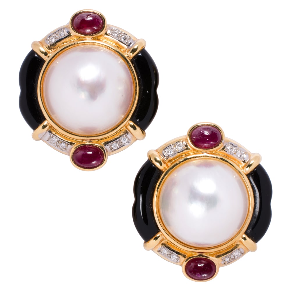 A pair of Mabe cultured pearl, diamond, ruby, and 18k gold ear-clips (1 of 1)